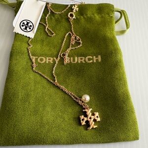 Tory Burch Twisted Rope Pearl Gold Pendant Necklace  NWT
